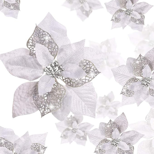 Boao 24 Pieces Christmas Artificial Glitter Poinsettia Flowers Xmas Flowers Wedding Christmas Tree New Year Ornaments(Silver)