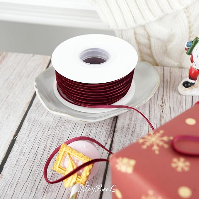 MAYREEL 1/8 Inch Burgundy Velvet Ribbon Thin Maroon Vintage Ribbon for Wedding Invitations Crafts Gift Wrapping Party Favor Boxes 50 Yards