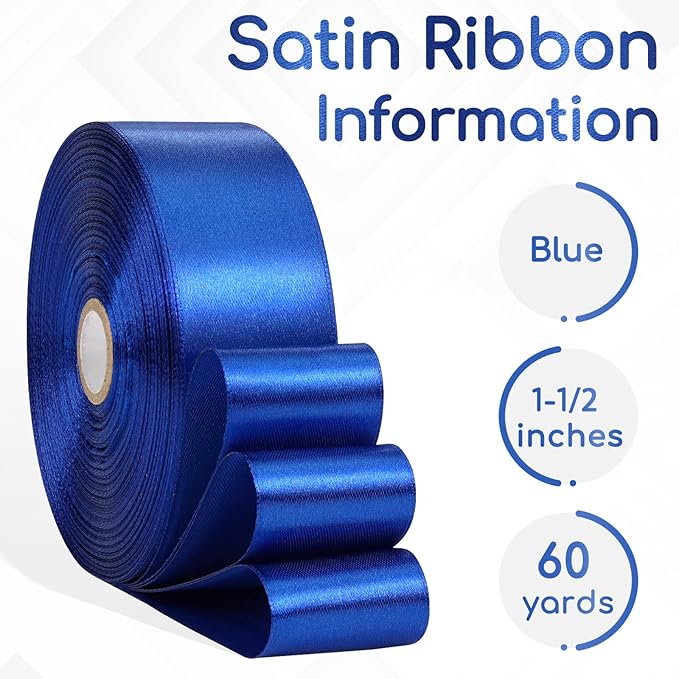 Blue Ribbon 1-1/2 Inch x 60 Yards, Royal Blue Satin Ribbon for Crafts, Gift Wrapping, Flower Bouquet, Baby Shower, Birthday, Wedding and Festival Decor
