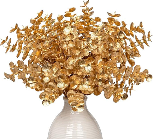 Artificial Gold Eucalyptus Stems 4 Pcs Christmas Fake Fall Flower Arrangement Faux Floral Decor for Home Table Centerpieces Wedding Party Autumn Bouquet Home Farmhouse Vase