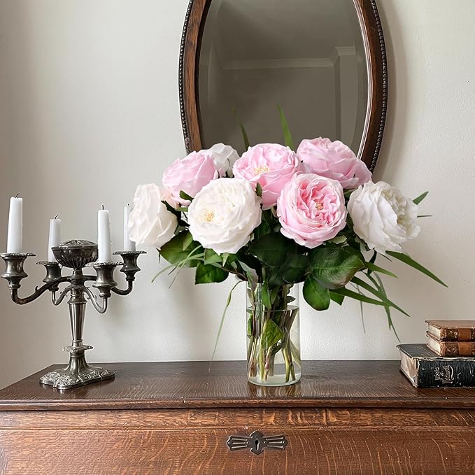 YalzoneMet 3.5'' Big Bloom White Rose Artificial Flowers 4Pcs Real Touch Rose Faux 17.7 Inch Long Stem Austen Roses Peonies Fake Flowers for Home Kitchen Party Christmas Flower Wedding Decor