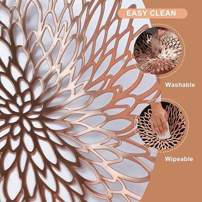 Snowkingdom 18 Pack Rose Gold Placemats Bulk Metallic Pressed Vinyl for Mother's Day Dinning Table Decoration Floral Mats Round Floral Charger Decoration for Weddings Christmas Holiday
