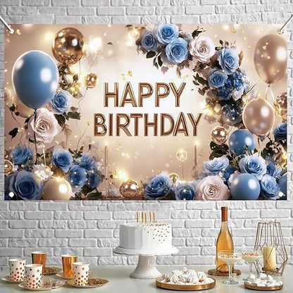 Blue and Gold Happy Birthday Backdrop Banner Elegant Floral Balloon Photography Background Birthday Party Decorations Glittering Rose Blue Gold Balloons Banner Supplies 71x43 Inch
