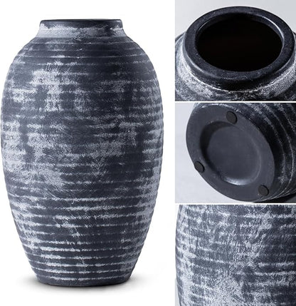Farmhouse Rustic Ceramic Vase, 10.6 inch Gray-White Textured Modern Weathered Pottery Terracotta Vintage Vases for Home Decor Enterway Coffee Table Mantel Shelf Decorative (Tall - B)