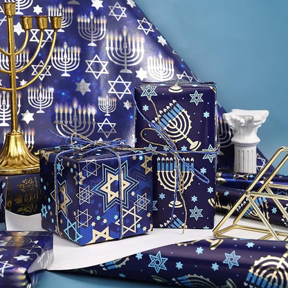 WRAPAHOLIC Hanukkah Wrapping Paper - 3 Rolls, 17 Inch x 120 Inch Each - Blue Menorah and Star of David Design with Metallic Foil Shine