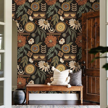 JiffDiff Boho Peel and Stick Wallpaper 17.3" x 120" Vintage Sun Floral Retro Removable Contact Paper Dark Botanical Flowers Bathroom Bedroom Renter Friendly Wall Mural