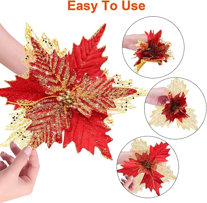 10'' Large Christmas Glitter Poinsettia Flowers Decorations, stadeco 10 Pcs Christmas Tree Picks Ornaments Artificial Flowers with Long Stems for Xmas Tree Wreath Garland Wedding Party DIY Decor