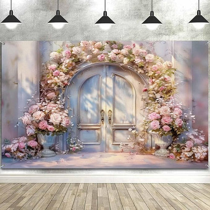 8X6ft Pink Floral Photography Backdrop, Retro Oil Painting Flowers Photography Backdrop Dreamlike Wedding Portrait Photo Background Wedding Birthday Party Background Banner Decor