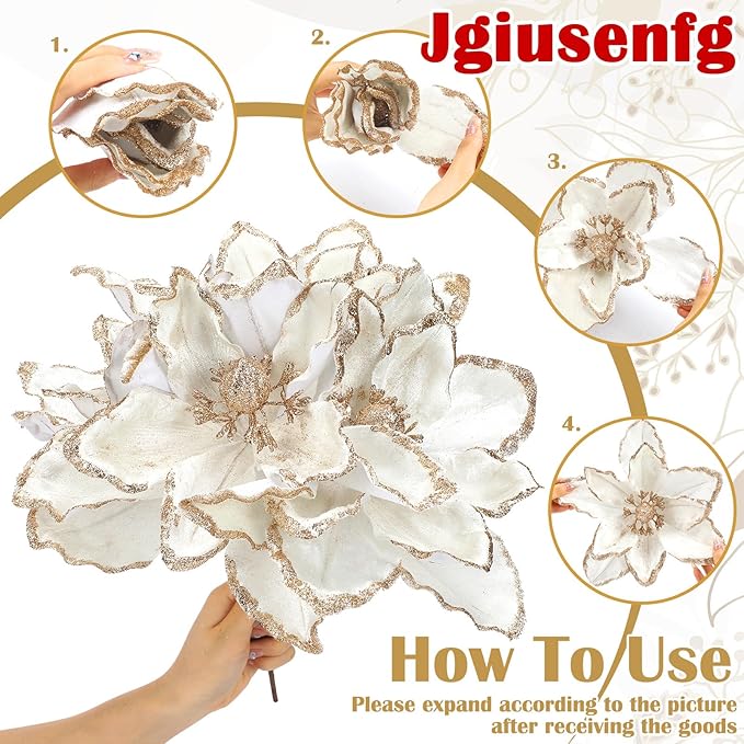 8 Pcs Large Christmas Flower Magnolia Flowers Christmas Tree Decoration Artificial Poinsettia Stems Velvet Xmas Ornaments for Xmas Tree Table Decor(White,12 Inch)
