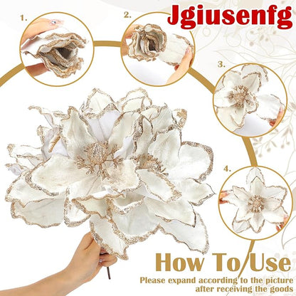8 Pcs Large Christmas Flower Magnolia Flowers Christmas Tree Decoration Artificial Poinsettia Stems Velvet Xmas Ornaments for Xmas Tree Table Decor(White,12 Inch)