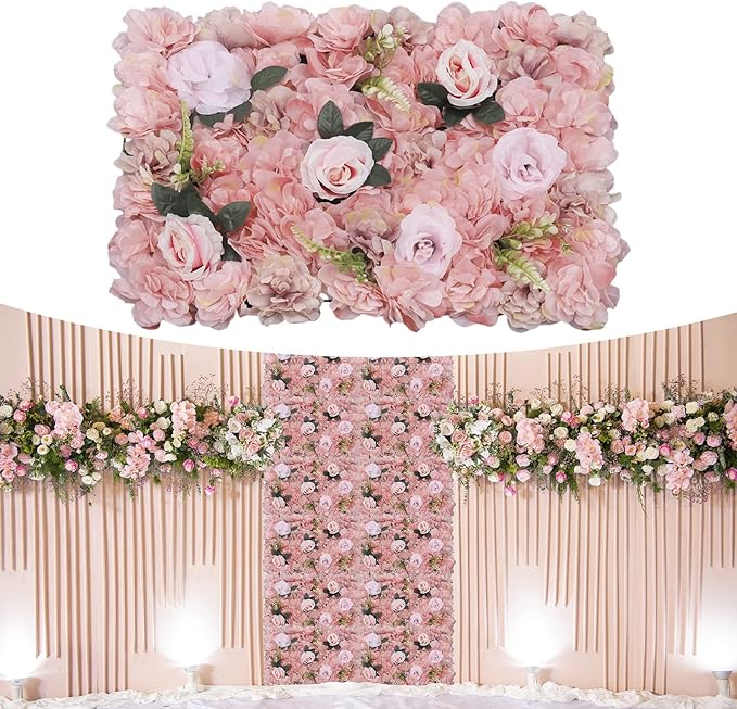 12 Pcs Artificial Flower Wall Panels, 24"x16" 3D Pink Silk Dahlia Hydrangea Rose Flowers Wall Backdrop Artificial Silk Fabric Flower Banquet Wedding Party Decor for Stage Background (Type 4)