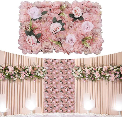 12 Pcs Artificial Flower Wall Panels, 24"x16" 3D Pink Silk Dahlia Hydrangea Rose Flowers Wall Backdrop Artificial Silk Fabric Flower Banquet Wedding Party Decor for Stage Background (Type 4)
