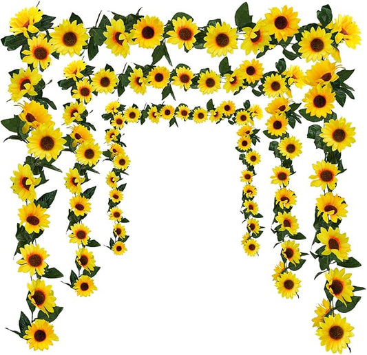 Uieke 3 Pack Artificial Sunflower Garland, 7.5ft/Strand Silk Sunflowers Hanging Vines Flowers with Green Leaves for Room Kitchen Garden Birthday Wedding Baby Shower Party Table Decor Large
