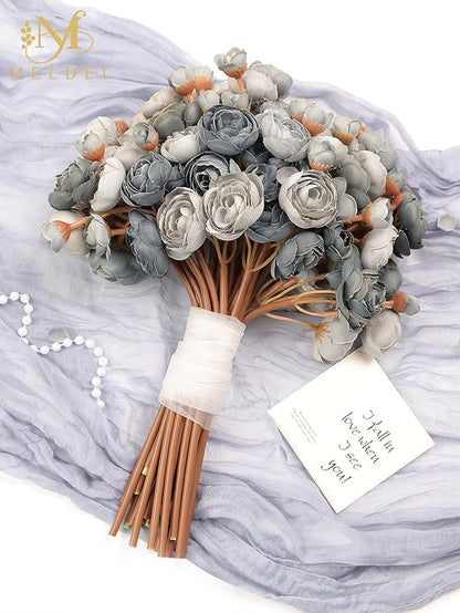 Meldel 32Pcs Ranunculus Artificial Flower, Dusty Blue Mini Rose Faux Ranunculus Flowers for DIY Bouquet, Bulk Fake Peony Wedding Filler Flowers for Centerpieces Arrangements Bridal Shower Decorations