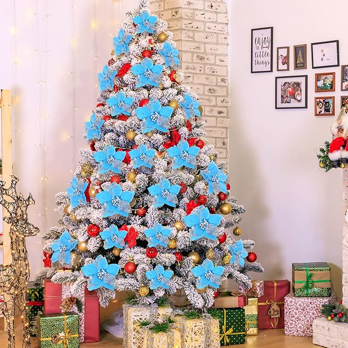 Boao 24 Pieces Christmas Artificial Glitter Poinsettia Flowers Xmas Flowers Wedding Christmas Tree New Year Ornaments(Lake Blue)