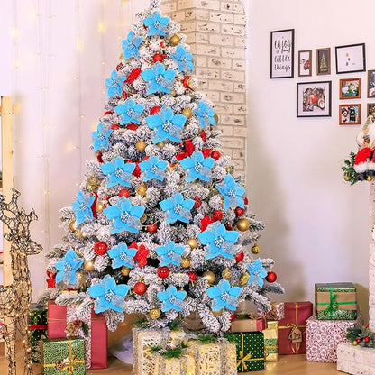 Boao 24 Pieces Christmas Artificial Glitter Poinsettia Flowers Xmas Flowers Wedding Christmas Tree New Year Ornaments(Lake Blue)