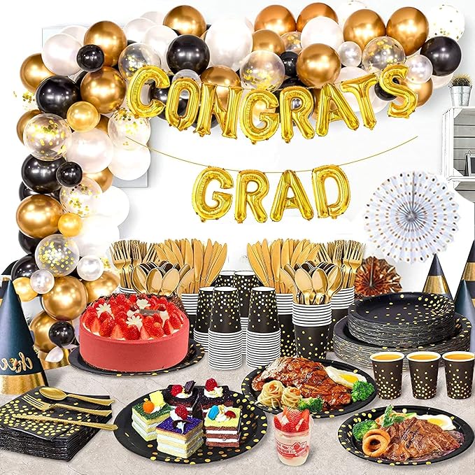 AIRE 175PCS Black Gold Paper Plates Party Supplies Dinnerware Sets for 25 Guests, Disposable Paper Party Plates, Dessert Plates, Cups, Napkins, Plastic Spoons, Forks, Knives for Wedding, Birthday
