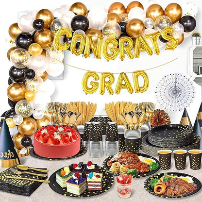 AIRE 175PCS Black Gold Paper Plates Party Supplies Dinnerware Sets for 25 Guests, Disposable Paper Party Plates, Dessert Plates, Cups, Napkins, Plastic Spoons, Forks, Knives for Wedding, Birthday