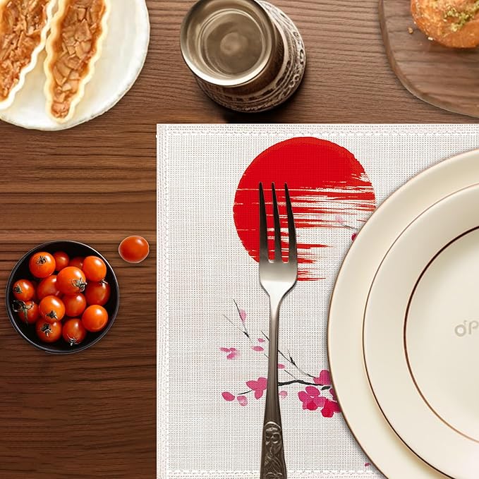 Japanese Cherry Blossom Placemats Set of 6, Linen Table Mats, Woven Table Mats for Dining Room, Washable & Wrinkle Resistant, Farmhouse Kitchen Decor