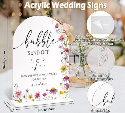 Bubble Send off Sign for Wedding Table Decor, Wild Flower Arch Acrylic Wedding Signs for Reception, Love Is In Bloom Bridal Shower Floral Engagement Party Decorations, 6x8 Inch