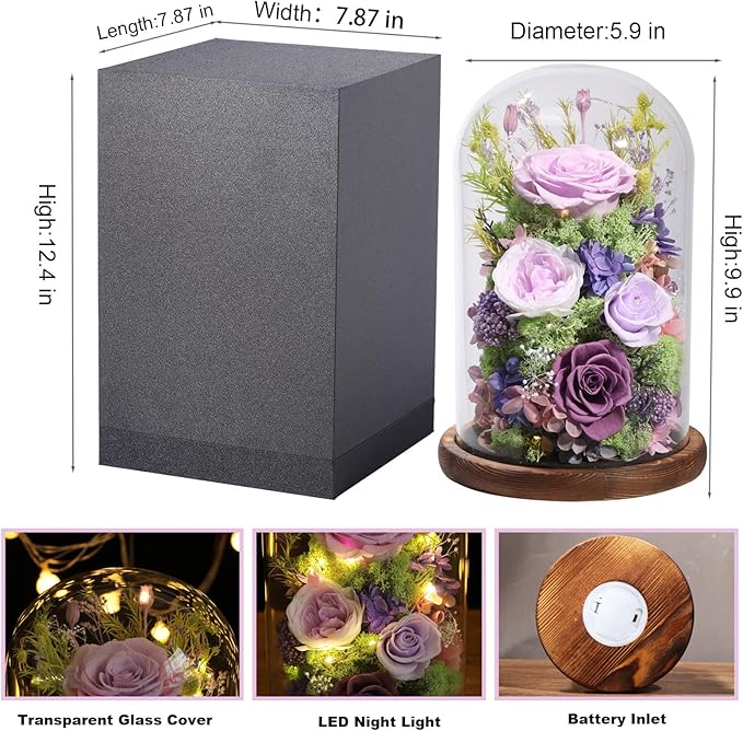 Flowers for Delivery Preserved Flowers Rose in Glass Dome,Lilac Rose Forever Flowers Birthday Gifts for Women Mom Grandma Friend Gifts for Her,Home Decor