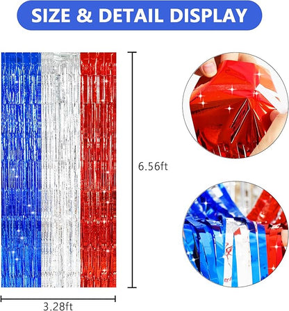 TONIFUL Red White and Blue Tinsel Foil Fringe Curtains,4th of July Decorations Independence Day Photo Booth Backdrop,Metallic Door Streamers for Patriotic Party Memorial Day Labor Day Supplies
