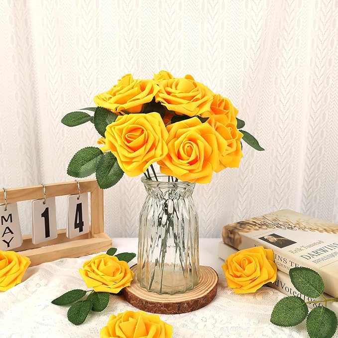 MACTING Artificial Yellow Rose Flowers 60PCS Real Touch Foam Roses with Stem Fake Flowers for DIY Wedding Bouquets Table Centerpieces Party Holiday Home Spring Valentines Day Decorations