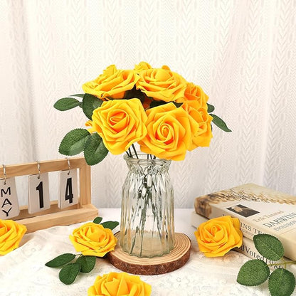 MACTING Artificial Yellow Rose Flowers 60PCS Real Touch Foam Roses with Stem Fake Flowers for DIY Wedding Bouquets Table Centerpieces Party Holiday Home Spring Valentines Day Decorations