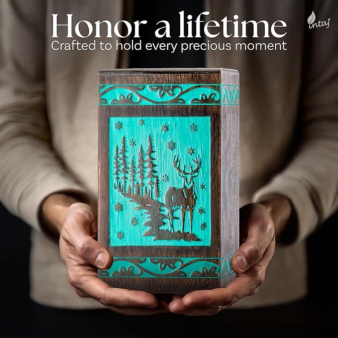 INTAJ Handcarved Rosewood Teal Green Deer Oversized Urn for Human Ashes - 640 lbs Companion Capacity Forest Wooden Cremation Urn Box Burial Funeral Decorative Wildlife Memorial Casket