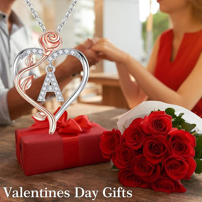 Iefil Christmas Gifts for Women Wife - 925 Sterling Silver Rose Heart Initial Necklace, Anniversary Birthday Gifts for Women, Jewelry Gift for Her Wife Girlfriend Mom Daughter