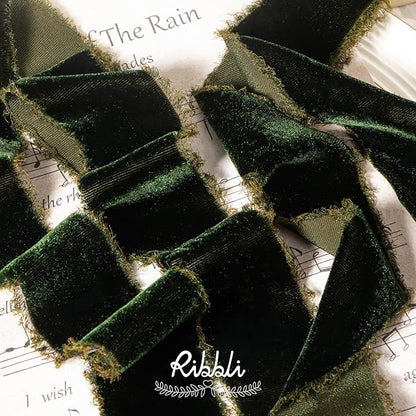 Ribbli Dark Moss Velvet Ribbon 2 Inch Handmade Frayed Vintage Christmas Ribbon for Gift Wrapping Christmas Tree Ornament Wreath Craft Home Decor -3 Yards
