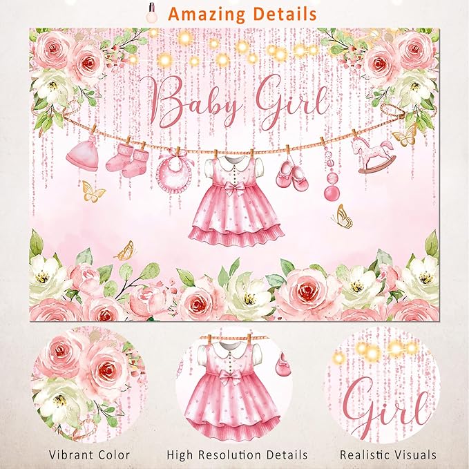Pink Floral Baby Girl Baby Shower Backdrop Banner Decorations,Rose Gold Flower Its a Girl Banner Backdrops Photography Background for Baby Shower Newborn Party Supplies Photo Booth Props 5x3ft