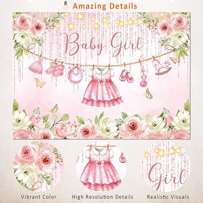 Pink Floral Baby Girl Baby Shower Backdrop Decorations,Cute Clothes Its a Girl Banner Back drops Rose Gold Flower Photography Background for Baby Shower Party Supplies Photo Booth Props 10x7ft