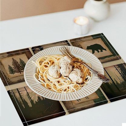 Rustic Lodge Bear Deer Placemats Set of 4, Vintage Cabin Pine Cone Plaid Place Mats, Heat Resistant Non Slip Cotton Linen Dining Table Mats for Home Kitchen Decor 18x12 Inch