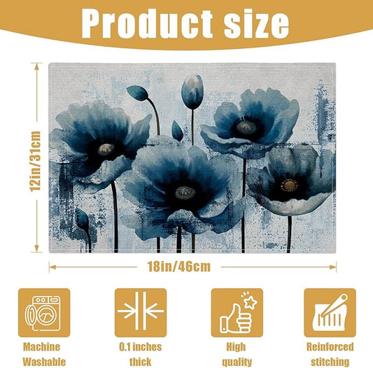 Blue Poppy Flower Placemats Set of 6, Linen Place Mat Washable Stain Resistant Table Mats for Farmhouse Kitchen Dining Holiday Party Wedding Decor 12x18 Inch