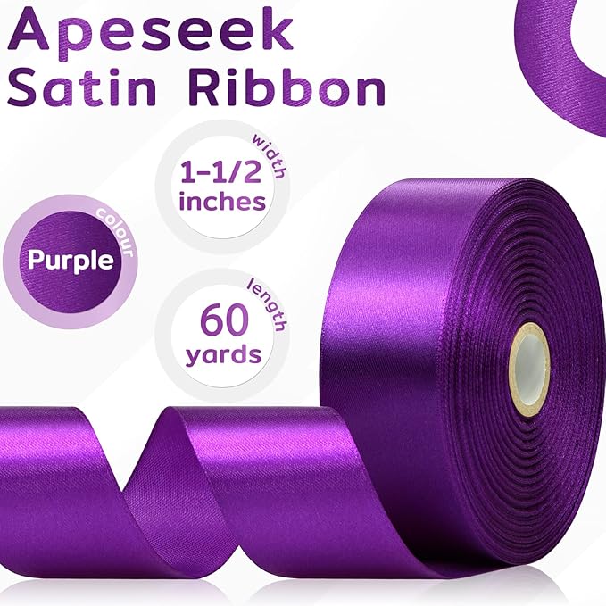 60 Yards Purple Satin Ribbon 1-1/2 Inch, Solid Dark Purple Polyester Fabric Ribbon for Gift Wrapping, Crafts, Flower Bouquet, Wedding, Festival, Christmas, Halloween