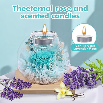 Christmas Birthday Gifts for Women Preserved Roses in Glass Dome with Scented - Romantic Preserved Flower for Women, Girlfriend, Wife, Mom, Grandma, Sister, Her-Cyan