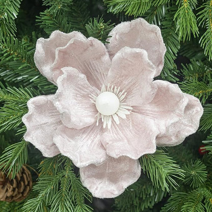 KI Store Pink Velvet Magnolia Flowers Pack of 6 Oversize Artificial Christmas Poinsettia Floral Picks Stems for Xmas Tree Wedding Centerpiece Decorations
