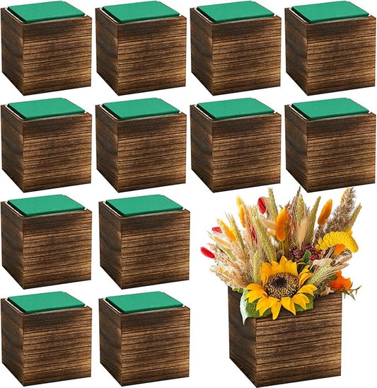 Dandat 18 Set Wood Cube Planter Box Square Wood Vase Rustic Cube Planter Box with Removable Plastic Liner Floral Foam Blocks for Centerpieces Home Wedding Garden Decor, Country Style (Brown)