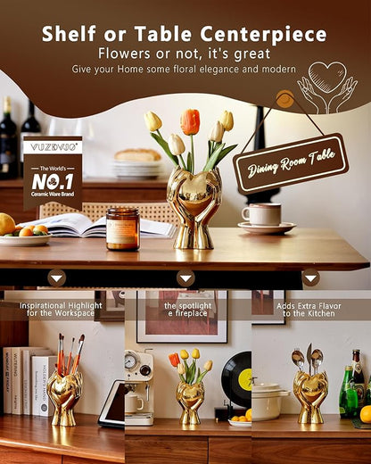 8" Heart Hand Gold Ceramic Vase - Unique Modern Aesthetic Flowers Vase for Living Room Bedroom Office Kitchen Table Centerpiece or Shelf Decor-Gifts for Wedding Bridal Shower Women Mom (Gold)