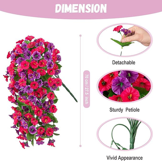 Artificial Fake Hanging Flowers Plants for Outdoor Spring Summer Decoration, 2PCS Faux Silk Morning Glory Long Vines Stems UV Resistant Look Real for Outside Home Porch Patio, Hot Pink Purple