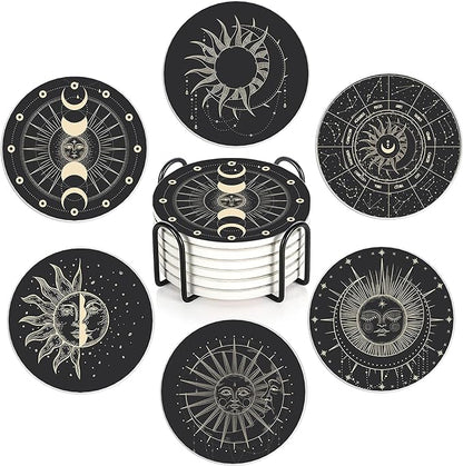 6-Pack Moon Phase Coasters Set with Holder - Absorbent Ceramic Drink Pads, Non-Slip Table Protectors for Coffee & Glasses