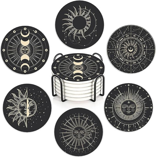 6-Pack Moon Phase Coasters Set with Holder - Absorbent Ceramic Drink Pads, Non-Slip Table Protectors for Coffee & Glasses