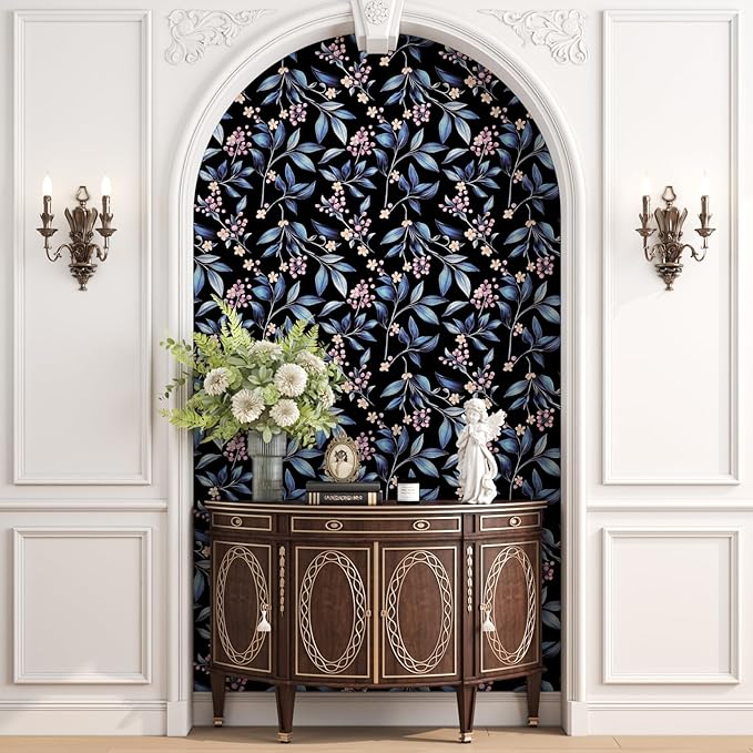 Dark Peel and Stick Wallpaper Vintage, Black Blue Leaf Removable Self-Adhesive Vinyl Contact Paper for Bathroom Bedroom Drawer Cabinet, Black Navy Gold Floral Design Retro Style 17.5" x 118"