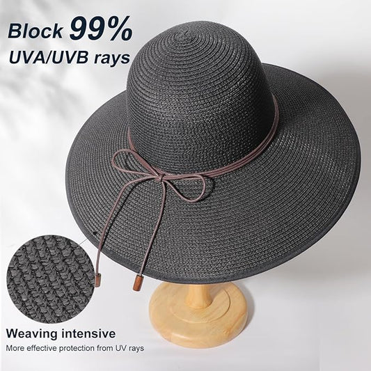 DRESHOW Beach Hats for Women Big Straw Wide Brim Summer Hat Floppy Foldable Roll up Cap Sun Hat UPF 50+