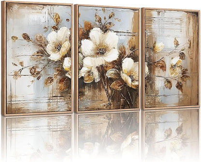 YCJKJDZ Framed Dark Floral Canvas Wall Art Set of 3, Neutral Fall Plant Bohemian Vintage Moody Flower Wall Decor Artwork for Farmhouse Bedroom Living Room Office, 16x24 inches