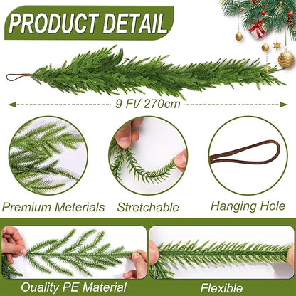 9 Ft Christmas Norfolk Pine Garland Real Touch Artificial Faux Greenery Christmas Garland Decorations for Home Fireplace Mantle Table Stairs Door Indoor Outdoor Holiday Decor