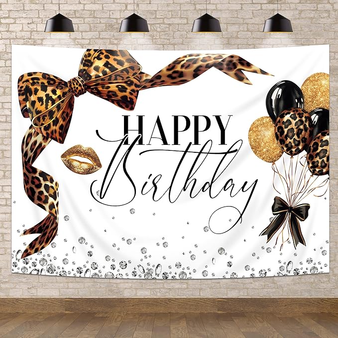 Leopard Print Bow Happy Birthday Backdrop 7Wx5H Photography Coquette Brown White Gold Bowknot Balloons Diamond Bownot Background Girly Party Decorations Banner Photo Booth Props Supplies