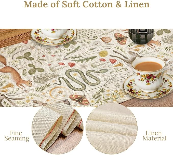 Country Forest Table Runner, Wild Animal Hare Squirrel Owl Snake Snail Flowers Mushroom Print Table Runner for Spring Holiday Farmhouse Kitchen Indoor Outdoor Decoration, 13x70inch