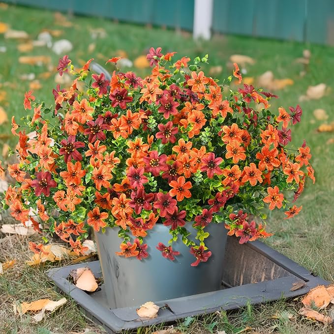 Artificial Mums Fake Fall Flowers for Outdoors Decoration, 12 Bundles Realistic Autumn Silk Daisy Faux Plants UV Resistant Decor for Home Garden Porch Patio Yard Balcony Window (Orange Brown)